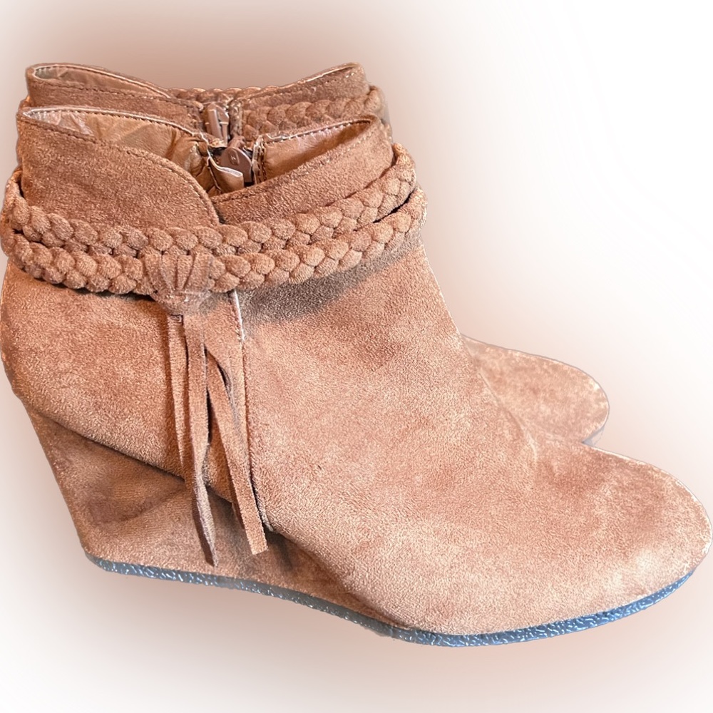 Fashare Womens Wedge Ankle Boots Braided Fringe Strap Western Heeled